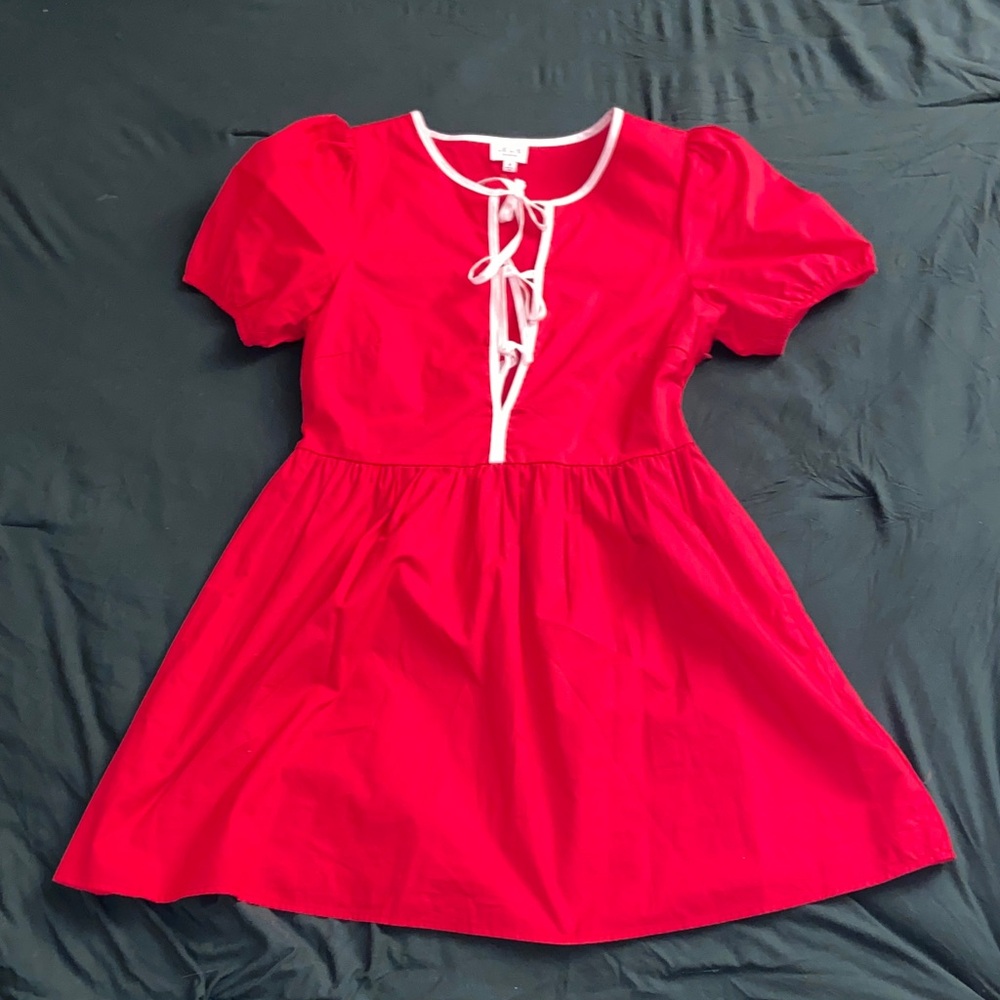 Cotton Red Tie-Front Short Sleeve Dress
